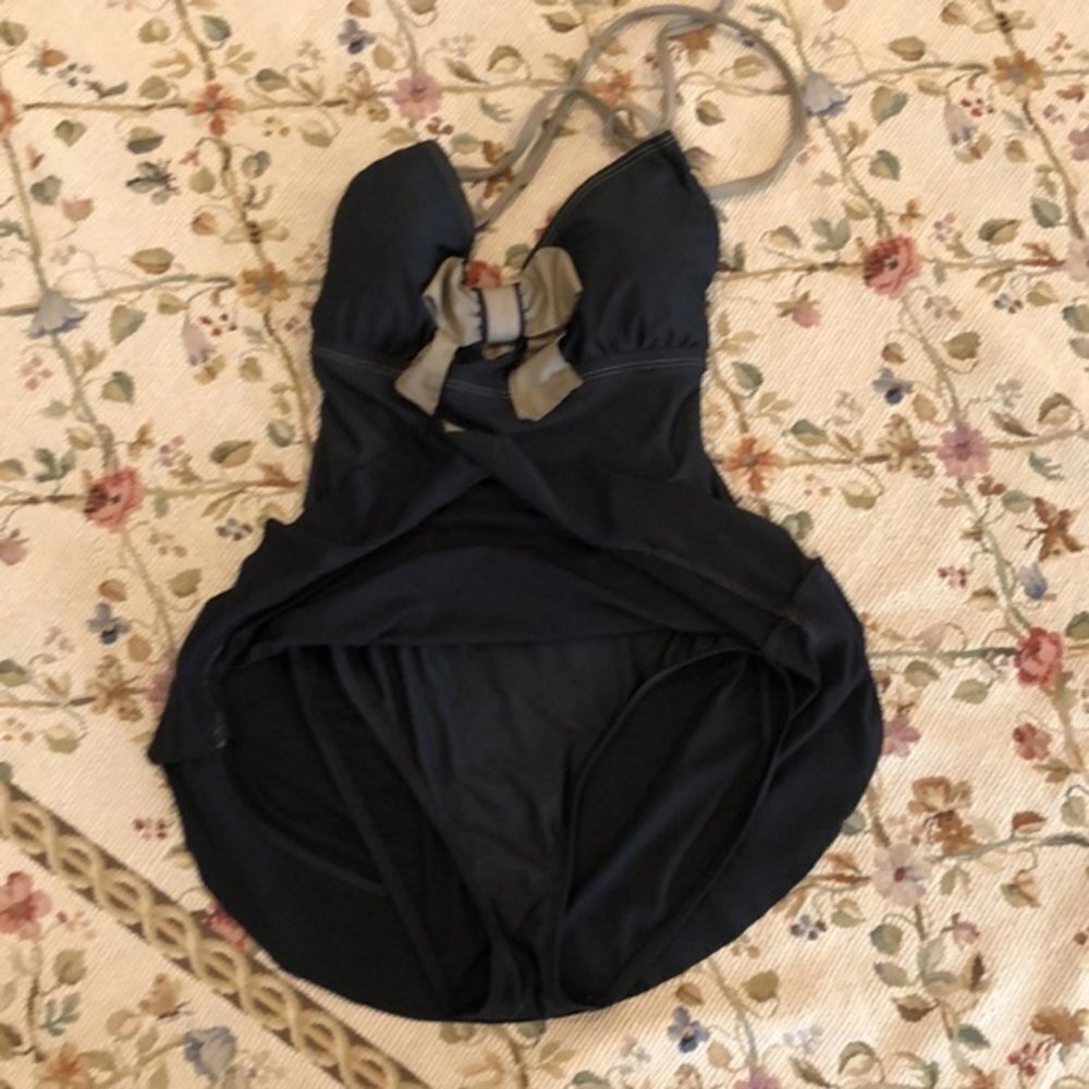 EcoSwimBlack One-Piece halter babydoll Swimsuit with Taupe Bow and ruffles sz M